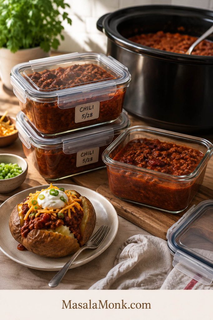 Leftover crockpot chili stored in glass containers with a serving of chili on a baked potato nearby