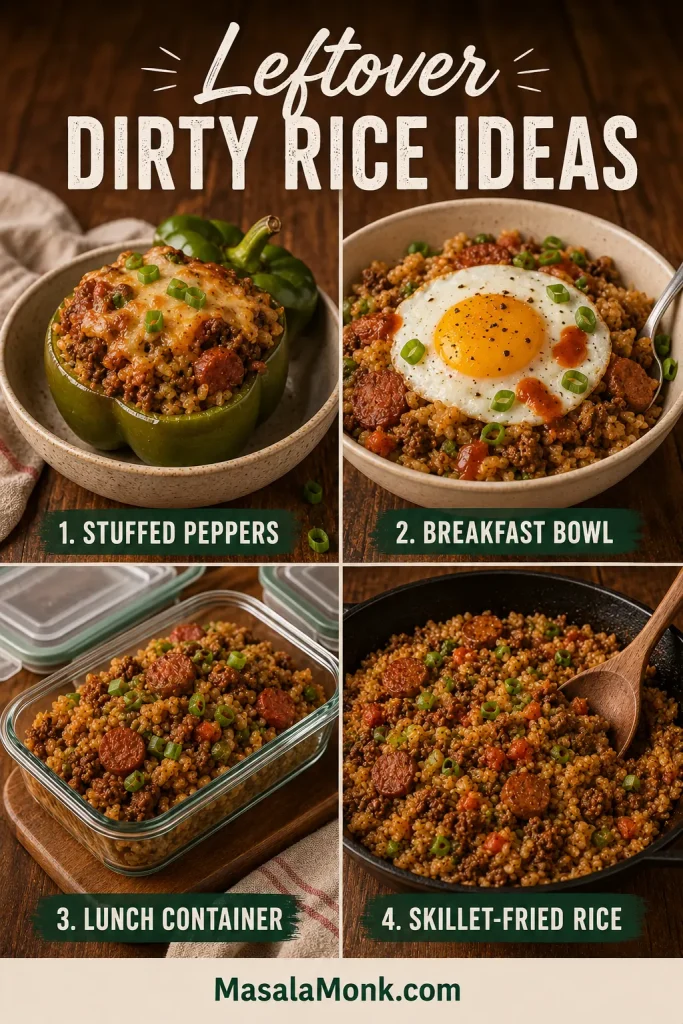 Four-panel guide showing leftover dirty rice used in stuffed peppers, a breakfast bowl with egg, a lunch container, and skillet-style leftovers.