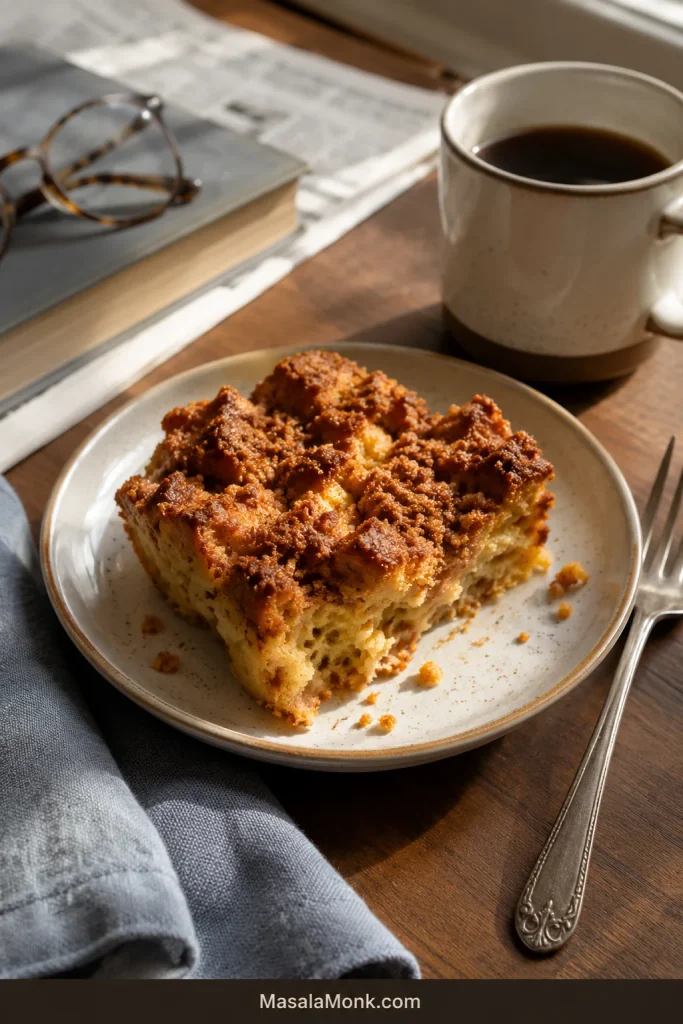 Reheated French toast casserole serving with a crisp cinnamon topping beside coffee, a fork, glasses and a book in morning light.