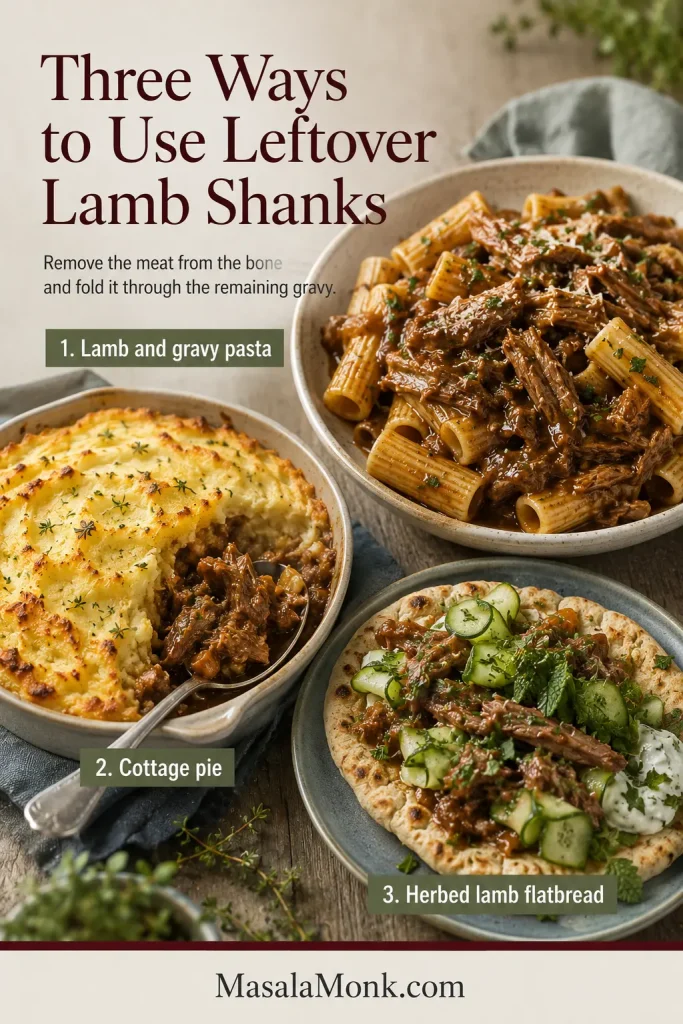 Three leftover dishes showing lamb-and-gravy pasta, cottage pie and an herbed lamb flatbread with cucumber.