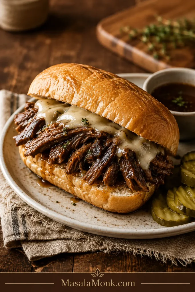 Leftover pot roast sandwich with tender beef, melted cheese, pickles, and a cup of gravy on the side.