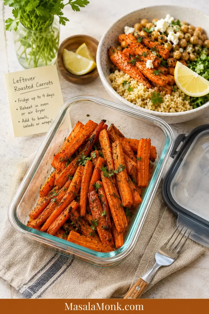 Leftover roasted carrots stored in a glass container beside a grain bowl, lemon, herbs, fork, and storage note.