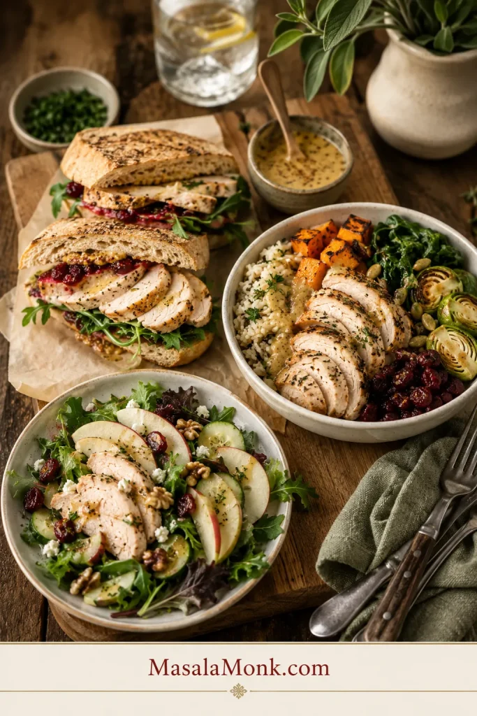 Leftover turkey tenderloin used in a sandwich, rice bowl, and salad for meal prep.