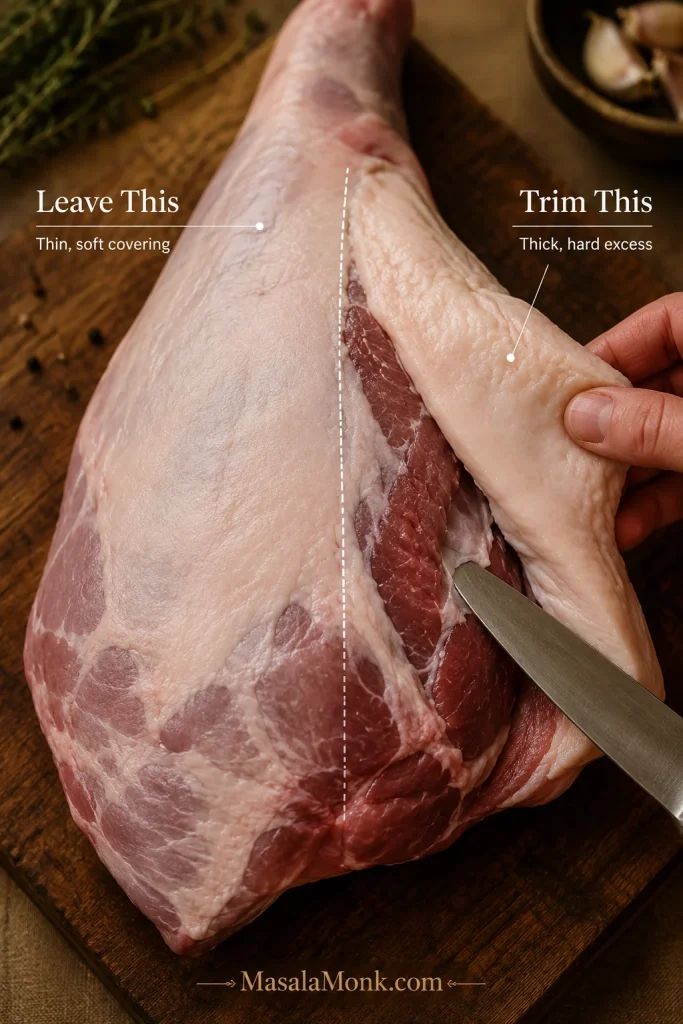 Raw leg of lamb on a board showing thin soft fat to leave and a thick flap of excess fat being trimmed with a knife.