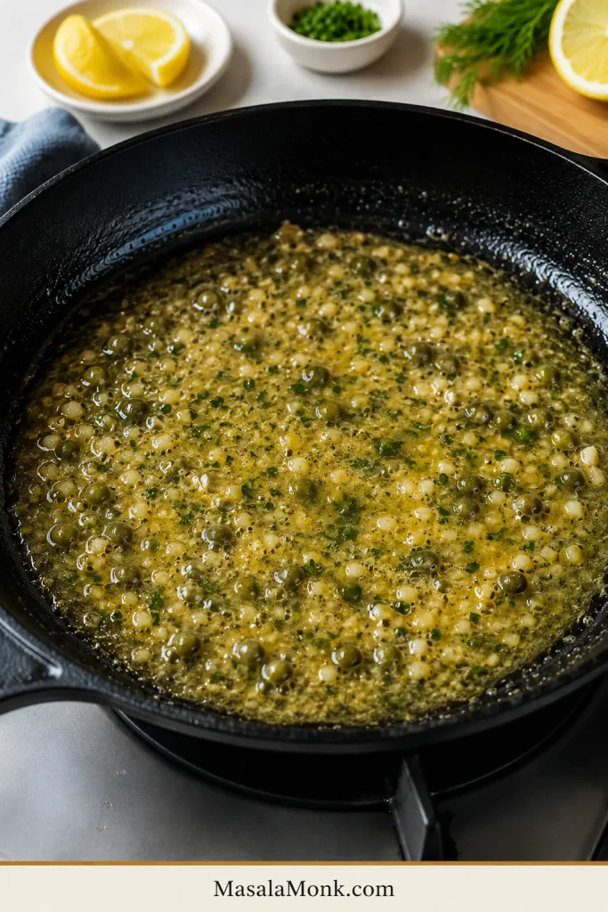 Lemon butter sauce with garlic, capers, and herbs bubbling gently in a skillet.