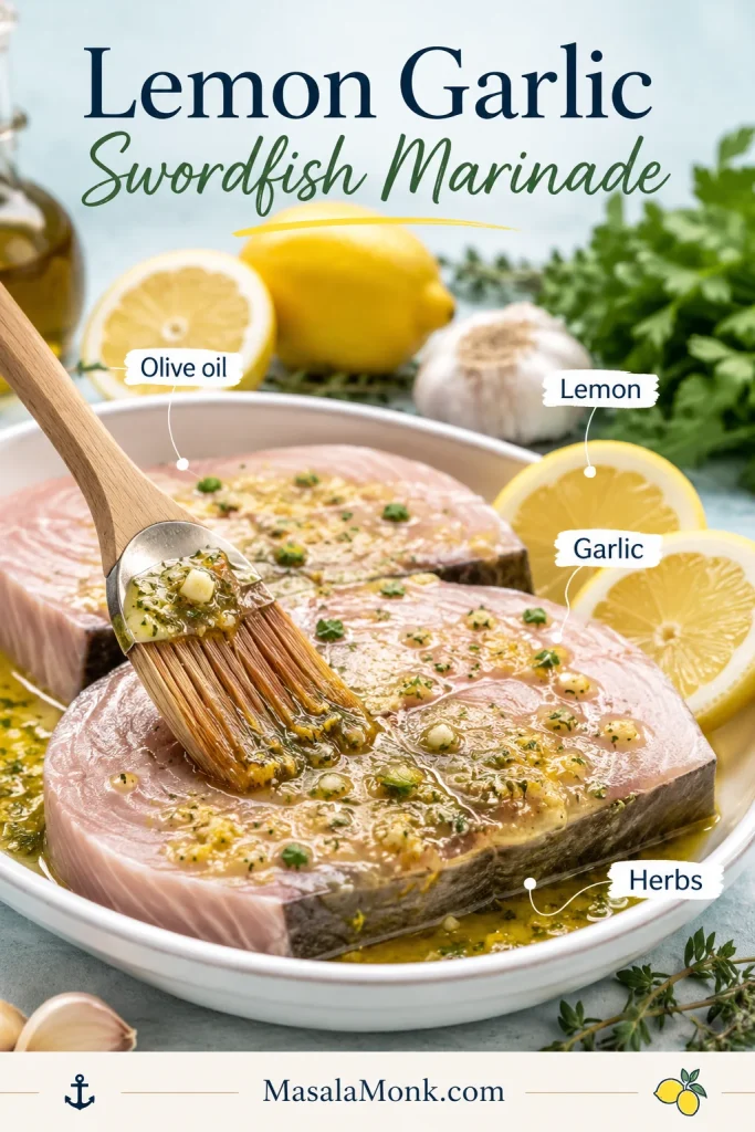 Lemon garlic marinade being brushed onto raw swordfish steaks with lemon, garlic, herbs, and olive oil nearby.