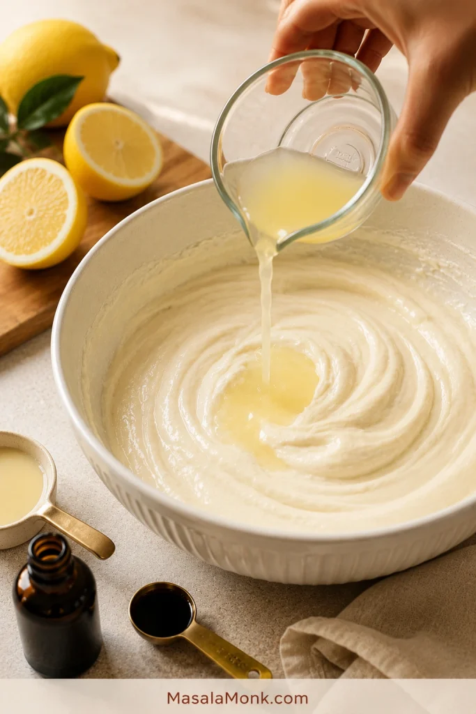 Lemon juice being added to a bowl of cream cheese and condensed milk filling with lemon and vanilla nearby.