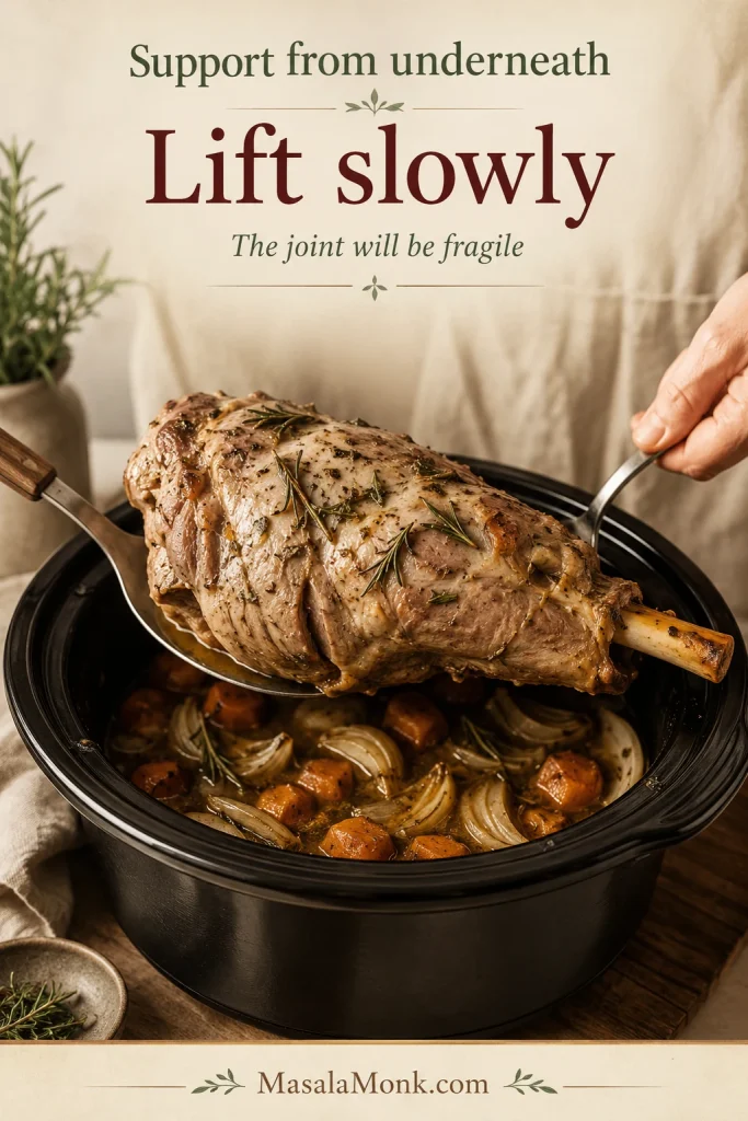 Cooked leg of lamb being lifted from a slow cooker with a broad spoon underneath while onions, carrots and juices remain below.