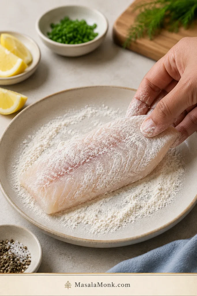Raw rockfish fillet with a light flour coating on a shallow plate.