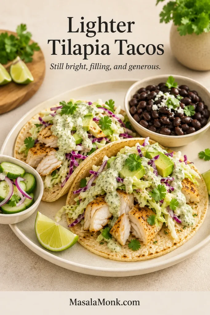 Two tilapia tacos with cabbage slaw, avocado, cilantro and pale sauce, served with black beans, cucumber salad and lime wedges.