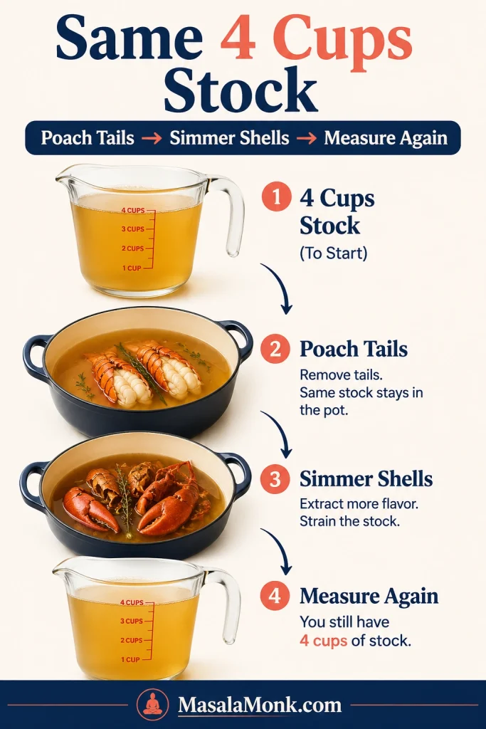 Infographic showing one measuring jug of lobster stock used to poach tails, simmer shells, and measure again for lobster bisque.