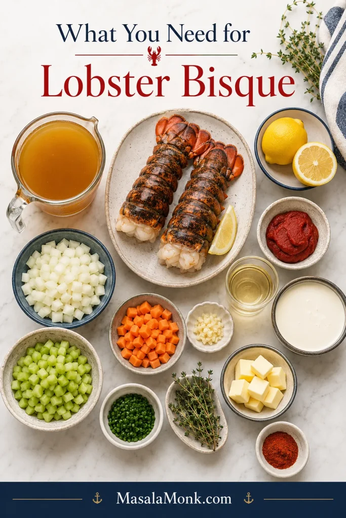 Overhead ingredient board with lobster tails, seafood stock, onion, celery, carrot, garlic, tomato paste, cream, wine, herbs, lemon, and butter.