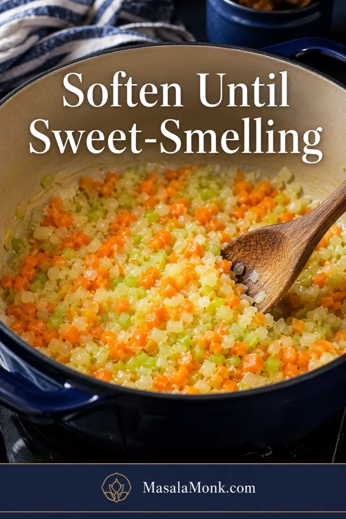 Chopped onion, celery, and carrot softening in butter inside a heavy pot.