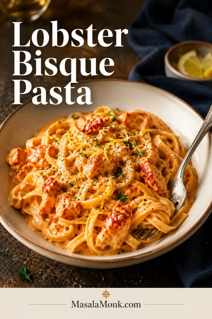 Creamy lobster bisque pasta with noodles, lobster pieces, herbs, lemon zest, black pepper, and a fork.