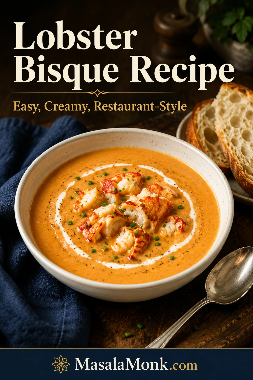 Creamy lobster bisque in a white bowl with lobster pieces, chives, cream swirl, crusty bread, spoon, and navy linen.