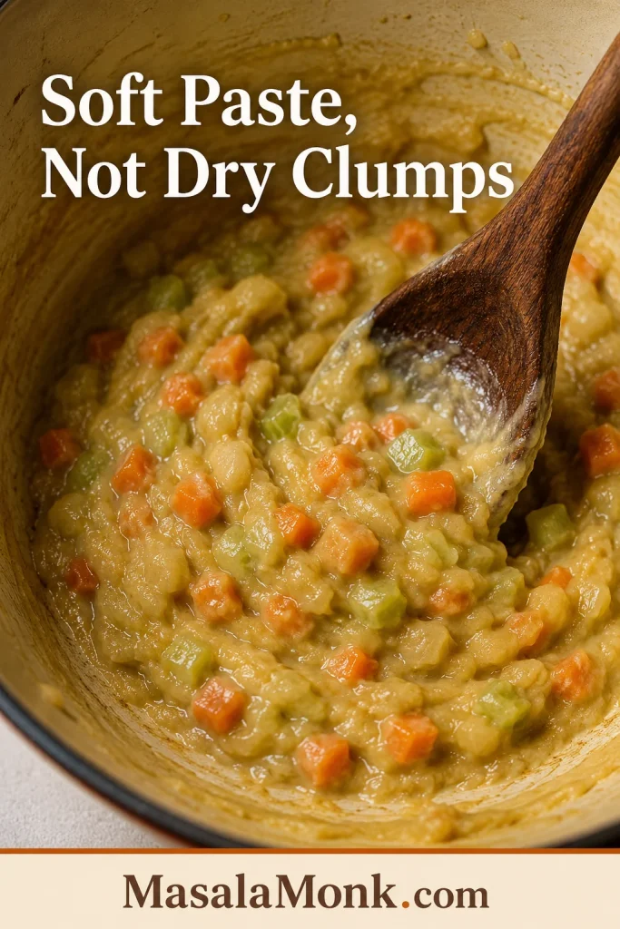 Flour stirred into softened vegetables in a pot, forming a thick roux-like paste.