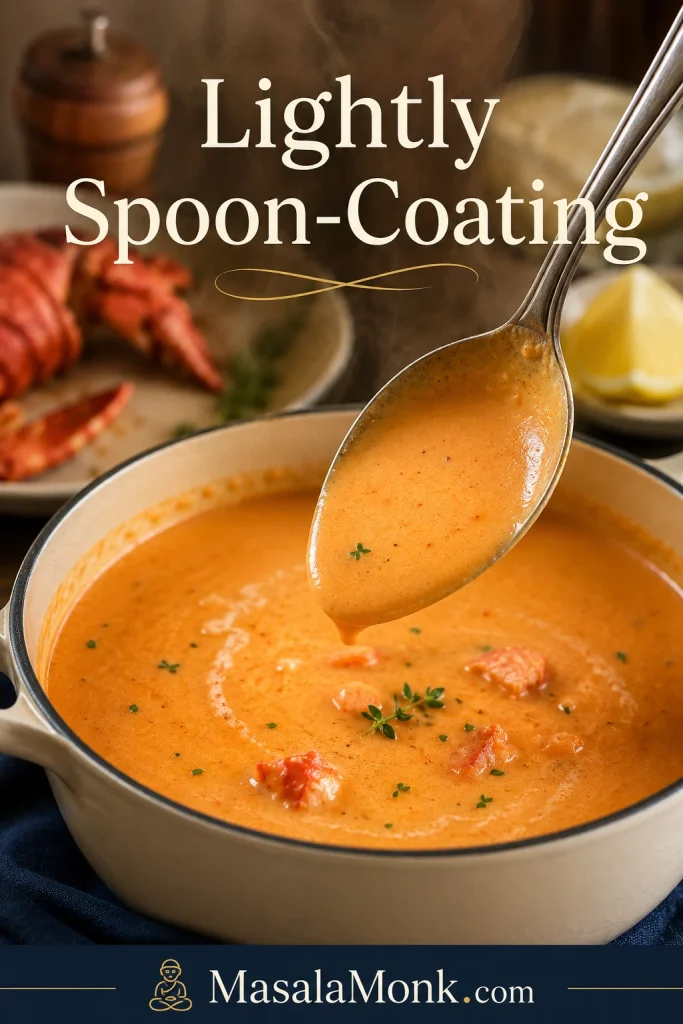 Spoon lifted from creamy coral-orange lobster bisque showing a light coating on the back of the spoon.