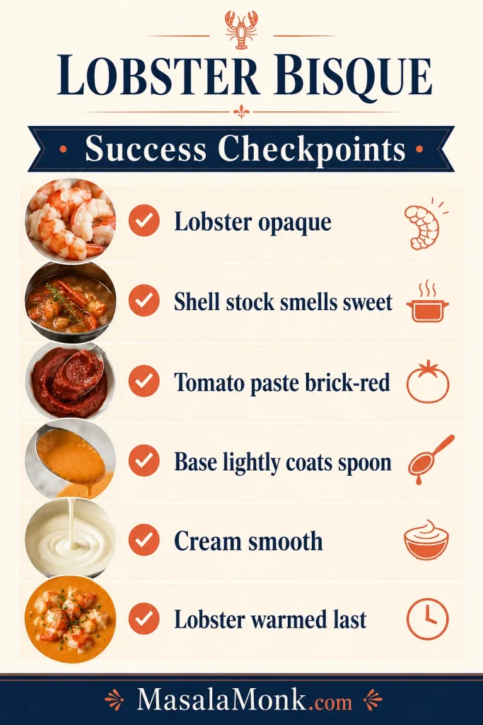 Infographic listing lobster bisque success checkpoints with small visuals for lobster, shell stock, tomato paste, spoon texture, cream, and final lobster.