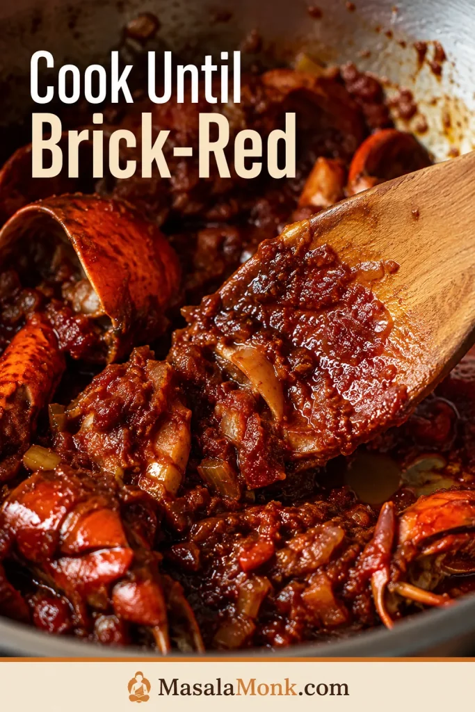 Close-up of brick-red tomato paste cooked with lobster shells, vegetables, and a wooden spoon.