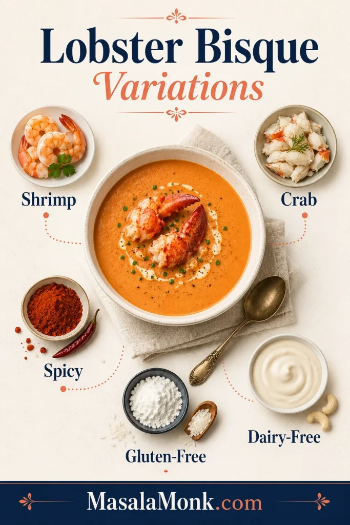 Lobster bisque variations board with a central soup bowl and surrounding shrimp, crab, chili, gluten-free thickener, and dairy-free cream cues.