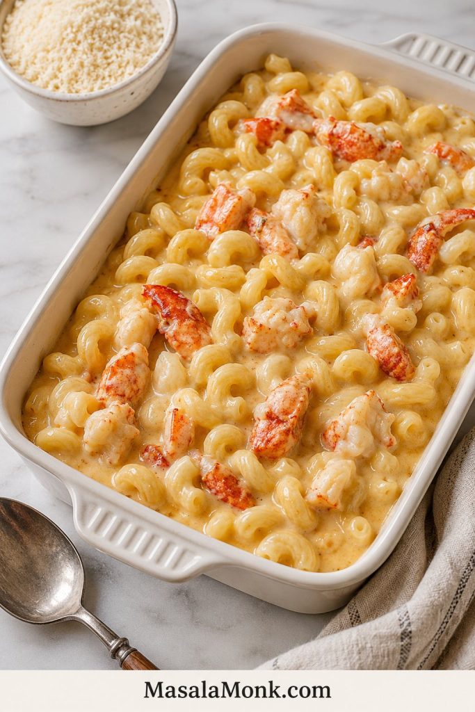 Lobster mac and cheese in a white baking dish before breadcrumb topping, with glossy pasta and visible lobster pieces.