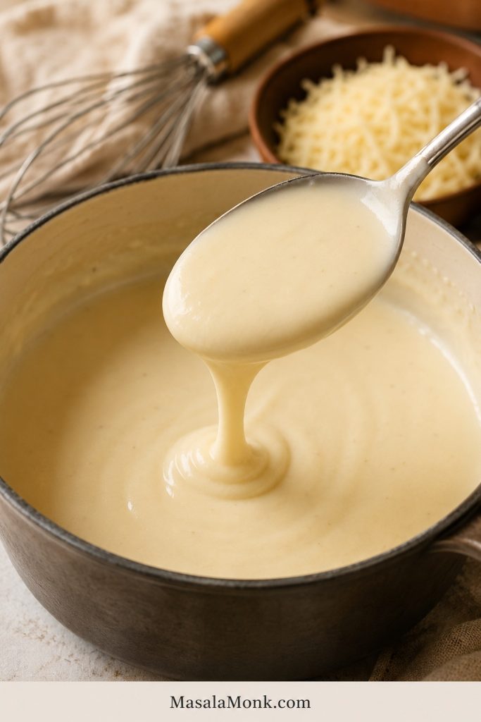 Smooth pale cheese sauce coating a spoon over a saucepan with grated cheese and kitchen tools nearby.