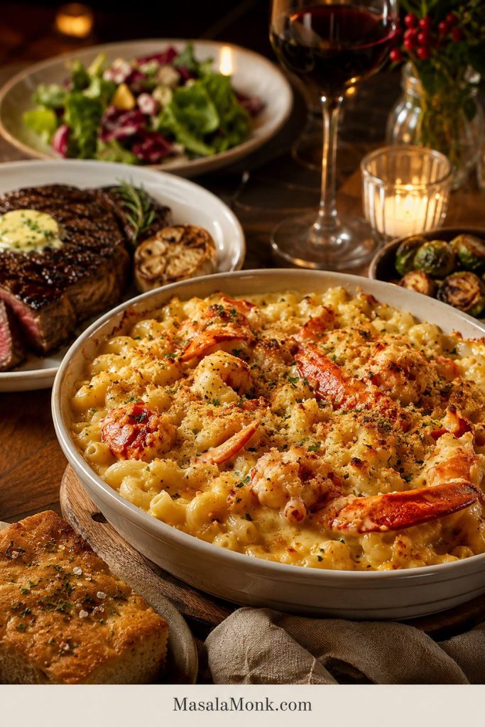 Lobster mac and cheese served on a warm dinner table with steak, salad, bread, and side dishes.