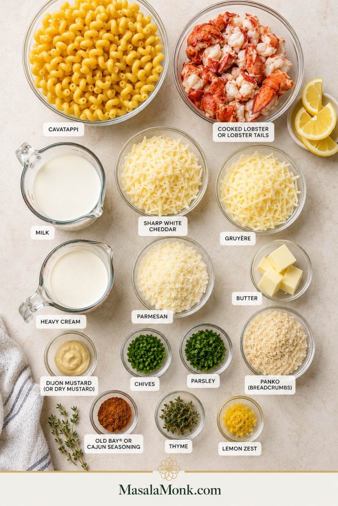 Ingredients for lobster mac and cheese arranged on a light surface, including pasta, lobster, cheese, cream, butter, breadcrumbs, herbs, lemon, and seasoning.