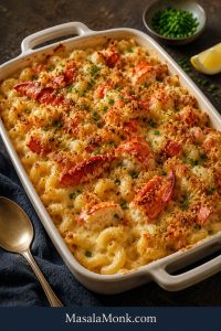 Baked lobster mac and cheese in a white ceramic dish with golden breadcrumb topping, herbs, and visible lobster pieces.