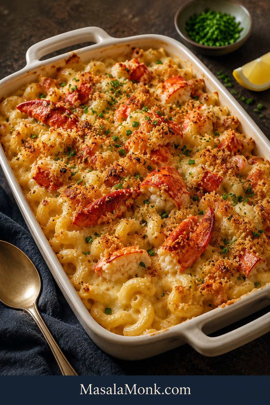 Baked lobster mac and cheese in a white ceramic dish with golden breadcrumb topping, herbs, and visible lobster pieces.