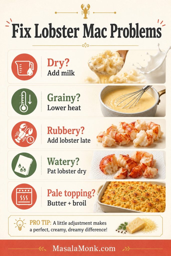 Troubleshooting guide for lobster mac and cheese with fixes for dry, grainy, rubbery, watery, and pale-topped mac and cheese.