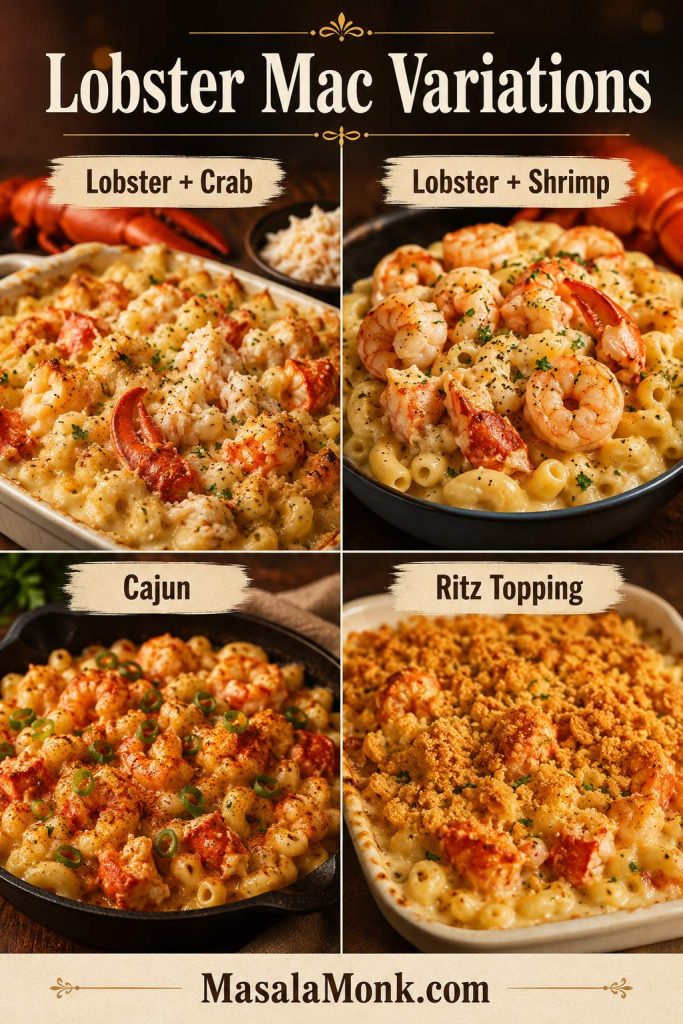 Four-panel lobster mac and cheese variations guide showing lobster crab, lobster shrimp, Cajun, and Ritz topping versions.