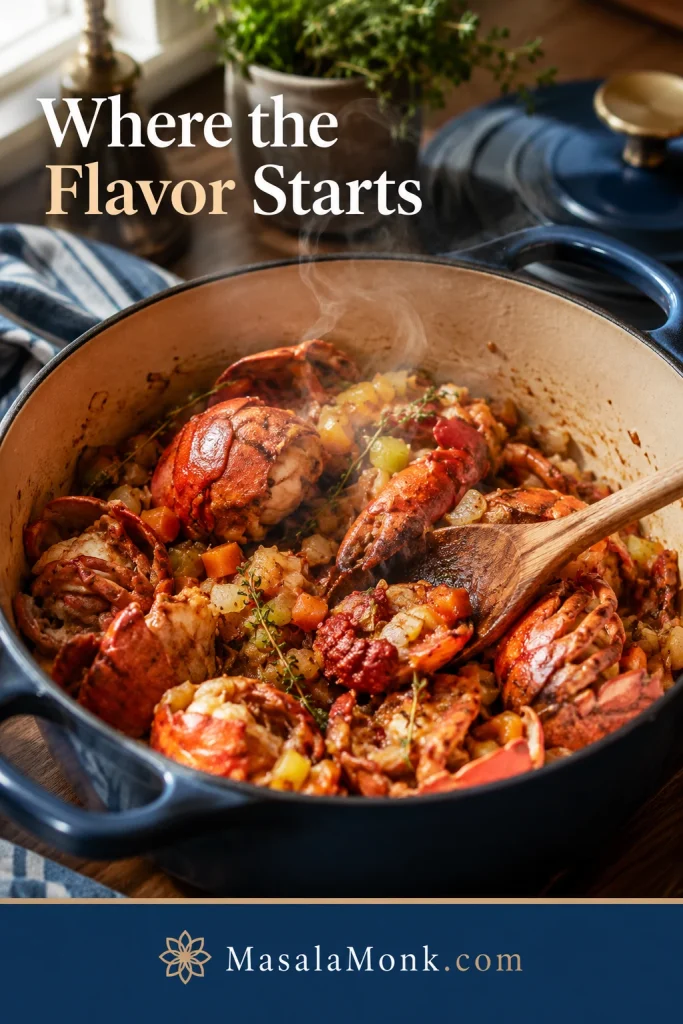 Lobster shells cooking in a pot with onion, celery, carrot, garlic, thyme, and tomato paste.