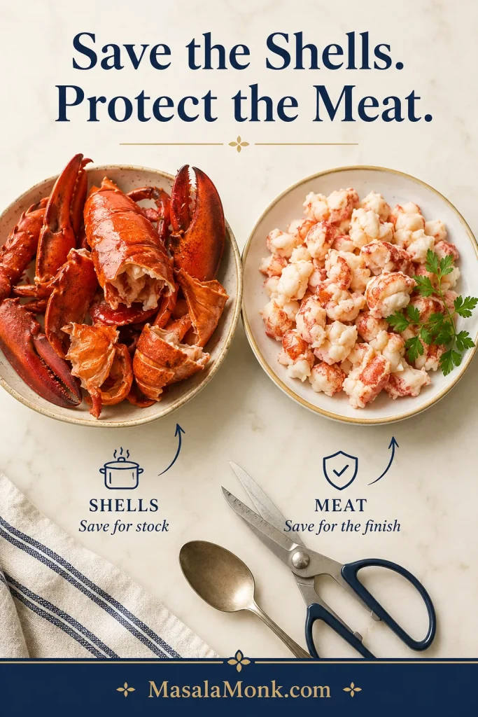Saved lobster shells and chopped lobster meat separated into bowls with kitchen tools nearby.