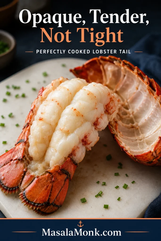 Cooked lobster tail meat beside its shell, looking pearly white, opaque, and tender on a clean plate.
