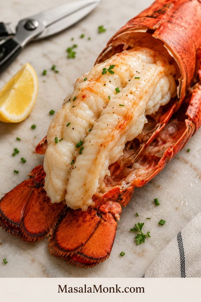 Cooked lobster tail with white opaque meat pulled from a red shell, with lemon, herbs, and kitchen shears nearby.