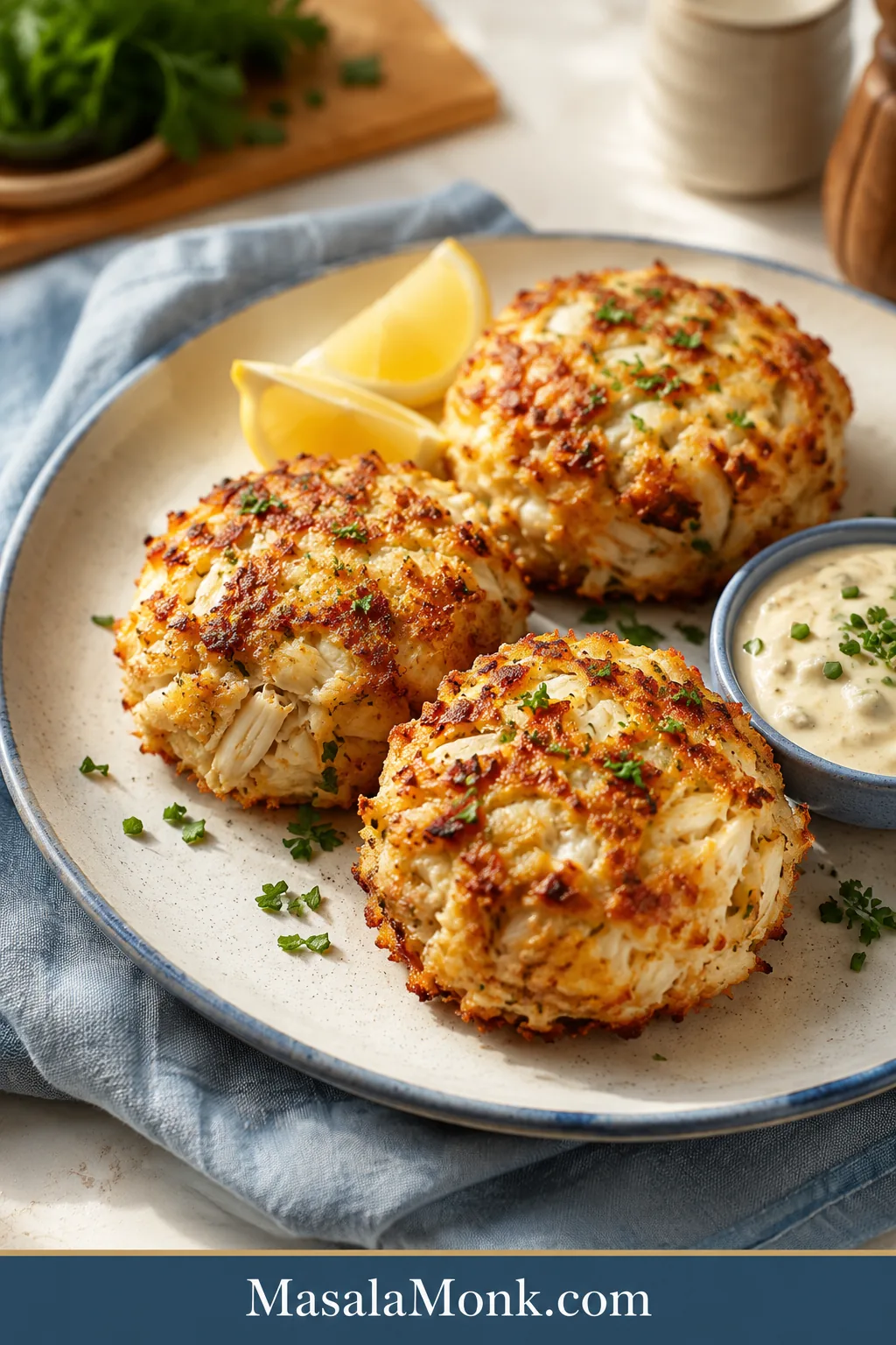 Golden lump crab cakes on a cream plate with lemon wedges, herb garnish, and creamy dipping sauce.