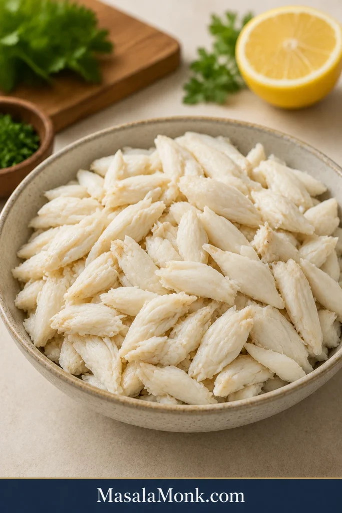 Bowl of lump crab meat on a light stone surface.
