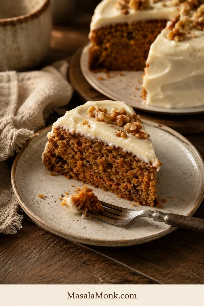 Plated slice of carrot cake with cream cheese frosting, a fork, and crumbs on a warm neutral surface.