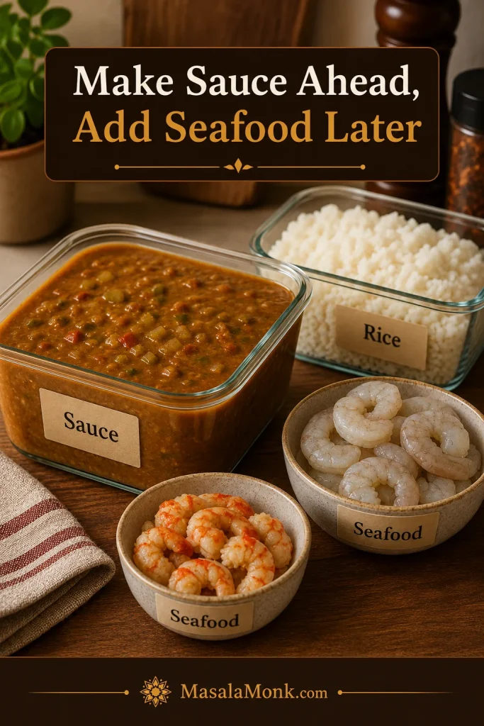 Make-ahead étouffée sauce stored separately from seafood and rice