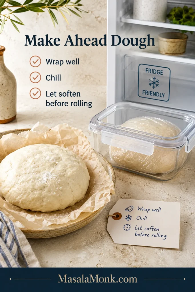 Covered Greek yogurt pizza dough and storage notes beside a refrigerator, showing short holding before the more reliable par-baked crust method.