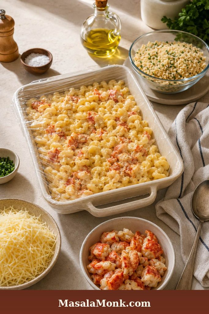 Make-ahead setup for lobster mac and cheese with covered pasta, cooked lobster, grated cheese, panko topping, herbs, and kitchen tools.