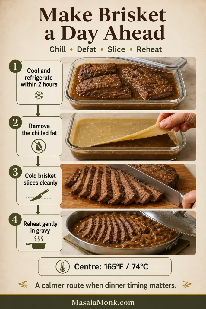 Four-stage make-ahead brisket sequence showing cooling in a shallow container, lifting chilled fat, slicing cold meat and reheating the slices in gravy.