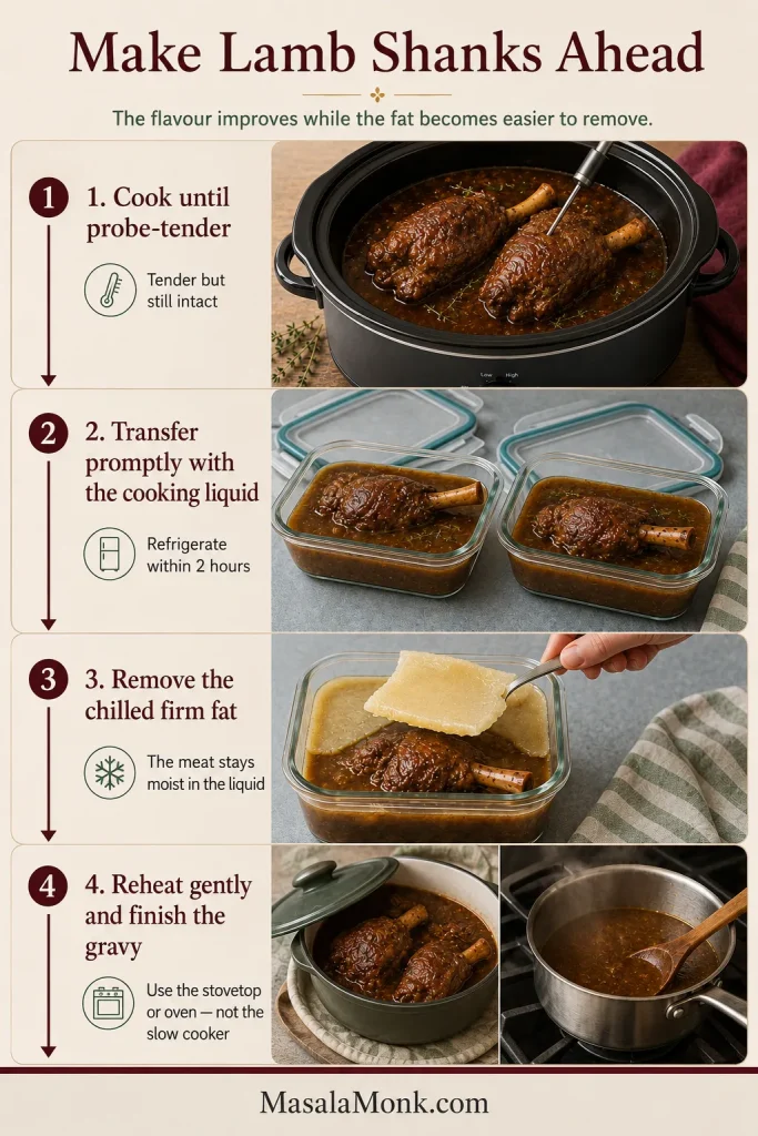 Four-stage guide showing probe-tender lamb, refrigeration in shallow containers, chilled fat removal and reheating outside the slow cooker.
