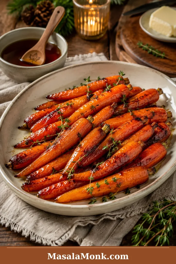 Maple glazed carrots with thyme, browned edges, and a warm buttery finish on a rustic plate.