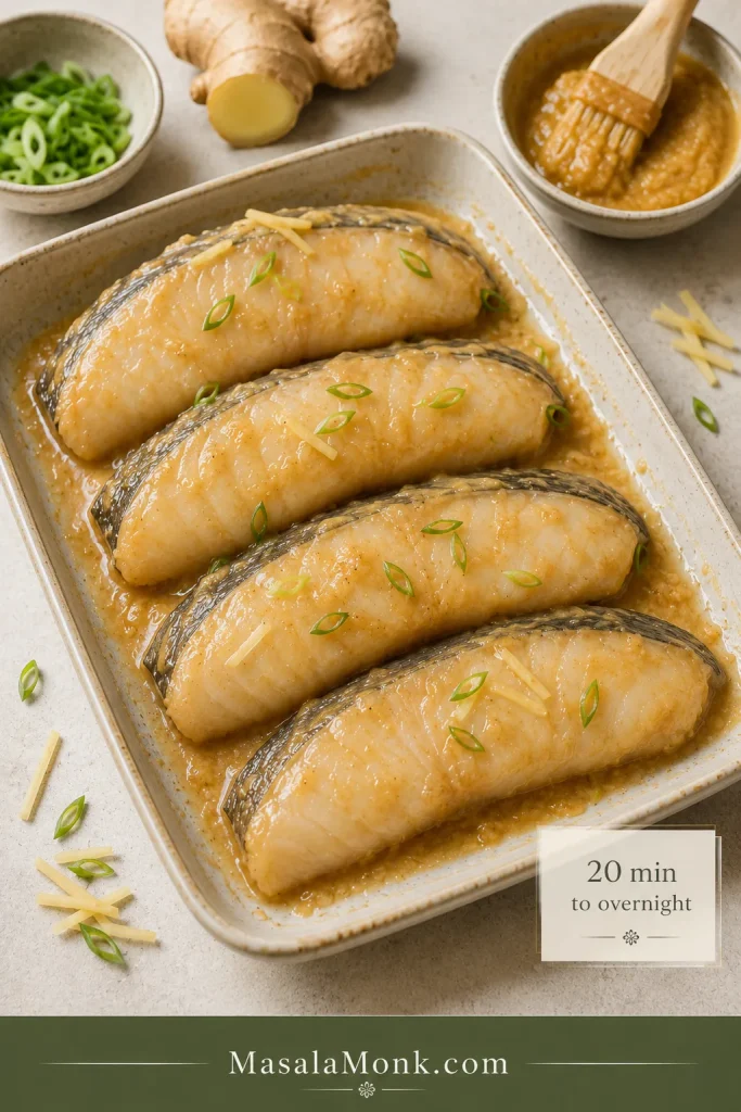 Four black cod fillets coated in miso marinade in a shallow dish with a brush, ginger, and scallions nearby.