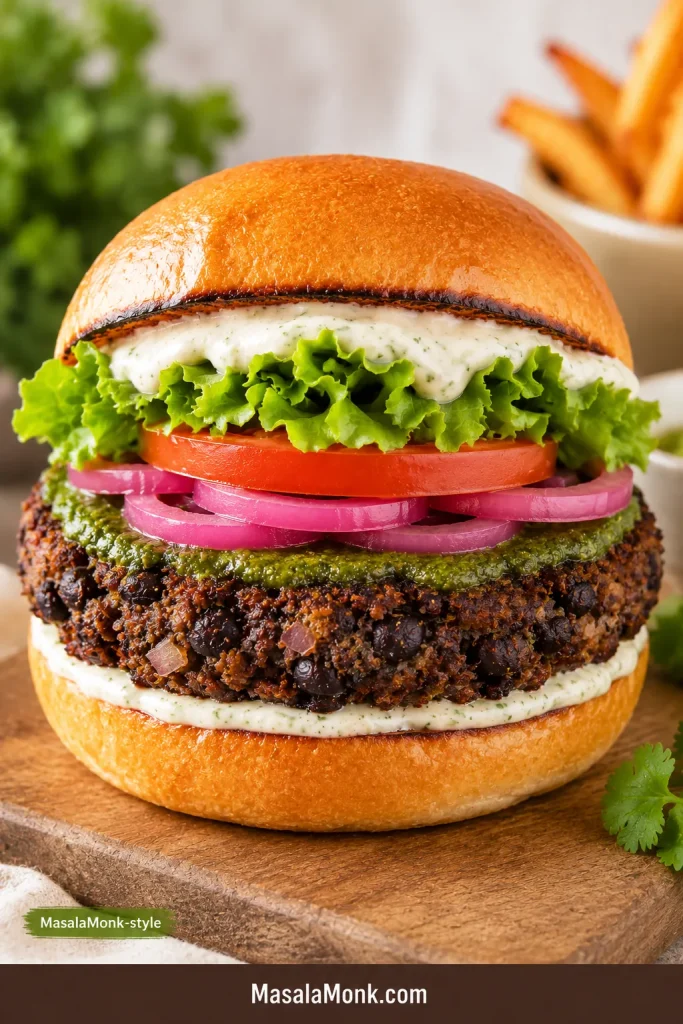 Black bean burger on a toasted bun with green chutney, pickled onions, tomato, lettuce, and creamy sauce on a wooden board.
