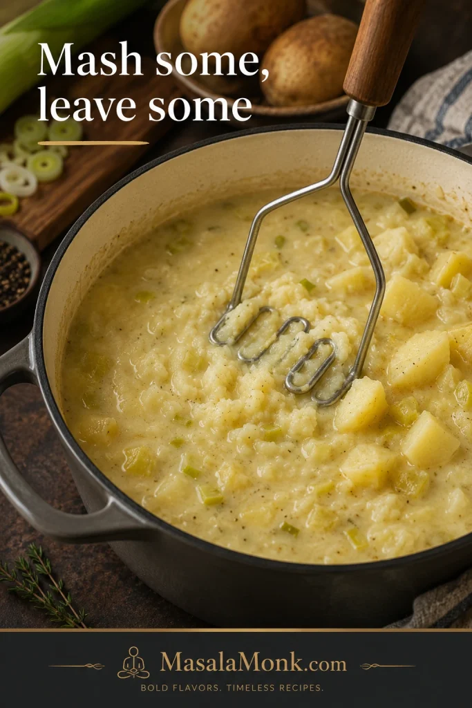 Potato masher pressing cooked potatoes in a pot with leeks, leaving some potato chunks whole.