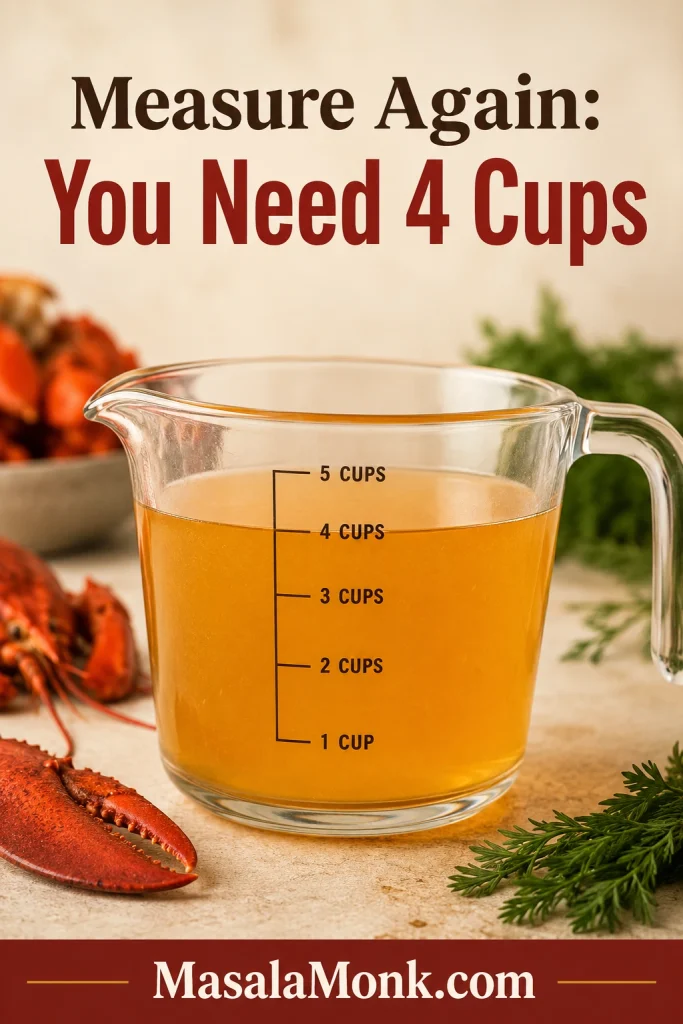 Glass measuring jug filled with golden lobster stock exactly at the 4-cup mark, with herbs and lobster shells in the background.