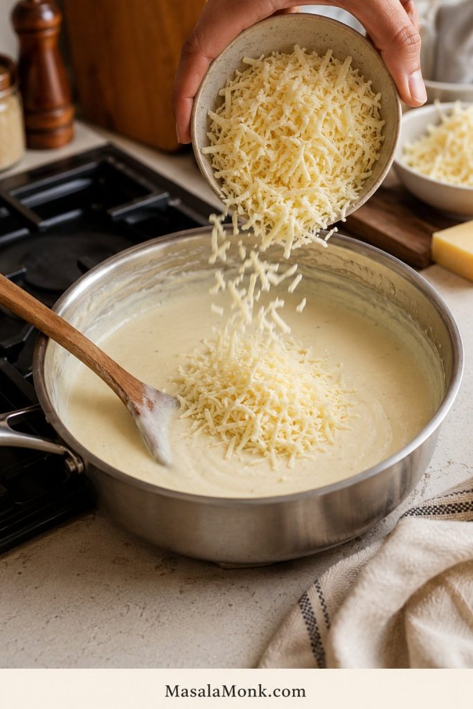 Freshly grated cheese being added to a pot of warm sauce for lobster mac and cheese.